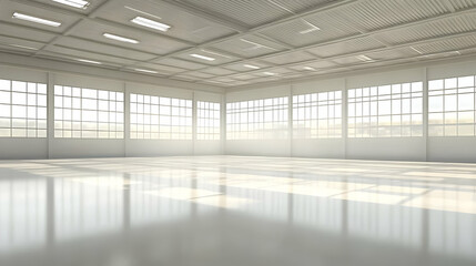 3D Illustration Empty Warehouse Interior Design, Light, Space, Modern Architecture