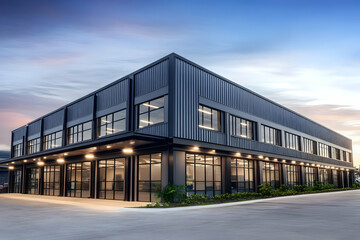 Fototapeta premium Photo Modern Industrial Building Architecture Dusk Exterior Design