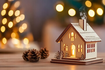 Photo Christmas Cozy Wooden House, Festive Lights, Pine Cones