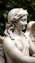 Elegant marble statue of an angel with intricate details, flowing hair, and serene expression, set against a lush green background, symbolizing peace, spirituality, and divine protection

