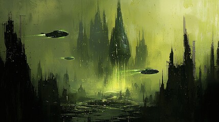 Alien city, spaceships flying, toxic landscape, dystopian future, Sci-Fi artwork