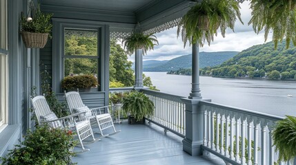 Fototapeta premium Lakefront porch with rocking chairs and greenery