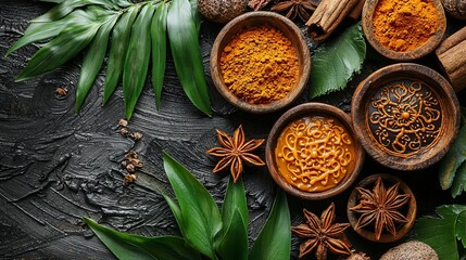 Aromatic spices and herbs on dark background, wellness concept, food photography, blog post