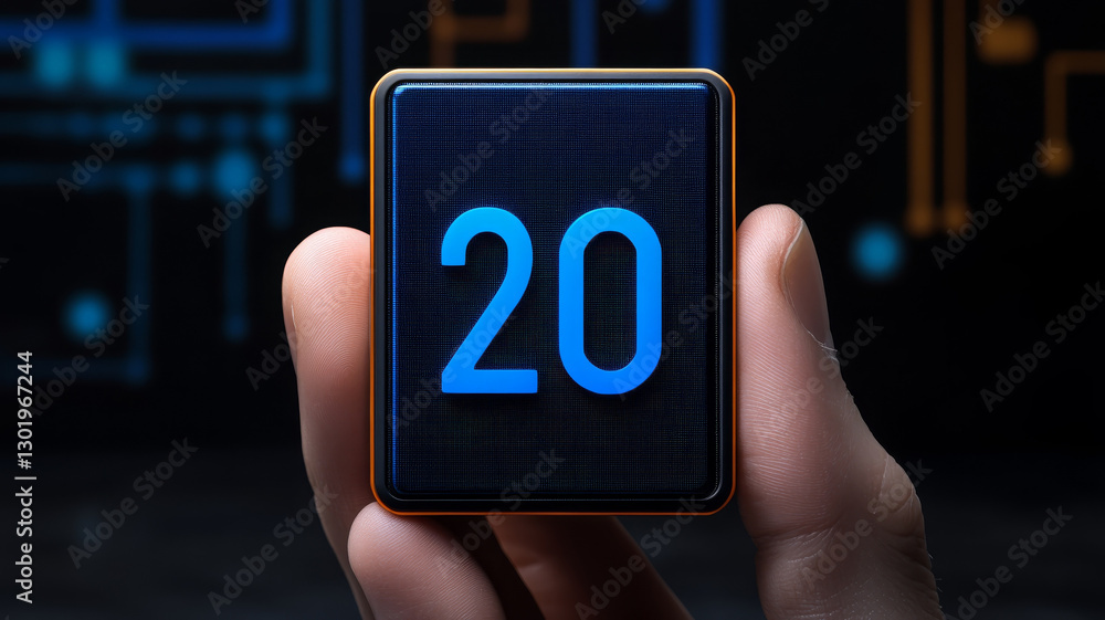 Aufkleber hand holding digital display showing number 20, with tech inspired background