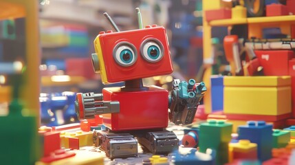 Naklejka premium Playful red toy robot amidst colorful building blocks.