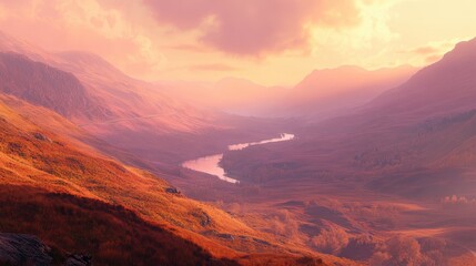 Naklejka premium Scenic Sunrise Over Valley with River and Mountains in Background