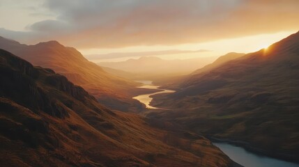 Majestic Sunset Over Serene Valley and Winding River Landscape