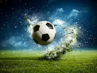 Fototapeta premium Illustration of Soccer Ball Exploding Over Grass Field