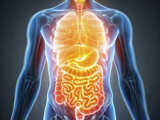 A conceptual image of a human digestive system glowing with health after consuming organic, unprocessed foods.