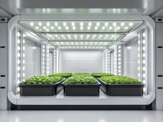 A futuristic hydroponic farming system illuminated by clean, sterile white lights, ensuring pesticide-free vegetables.