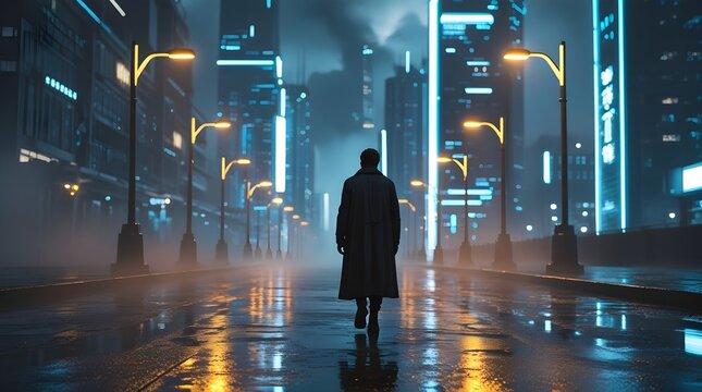 Cyberpunk Cityscape: A man walking alone in dark city