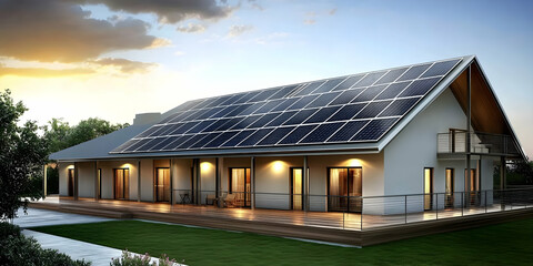 Obraz premium 3D Illustration Sustainable House Solar Panels Renewable Energy Home Efficiency