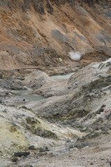 北海道の登別にある登別地獄谷の火山の岩肌の様子