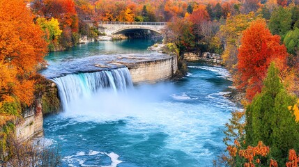 Autumn waterfall, bridge, vibrant foliage, scenic park