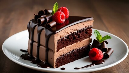 Image features a slice of rich, decadent chocolate cake on a white plate. The cake is composed of three layers of moist chocolate sponge, separated by smooth chocolate frosting. The top of the cake is