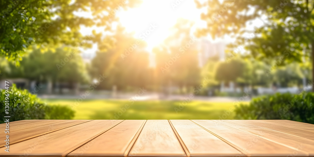 Poster background image - empty wooden table with blurred park background