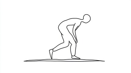 Exhausted person bending over, touching legs, minimal line art.