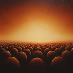 Fototapeta premium Surreal Landscape with Spheres Under Fiery Orange Sky at Sunset