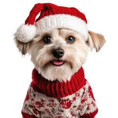 a dogs dressed in Christmas hats and sweaters isolated on transparent background