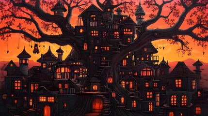 Illustration - Fantasy Treehouse Village at Sunset