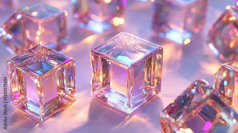 Poster sparkling glass cubes arranged on a surface reflecting colorful light in an artistic display