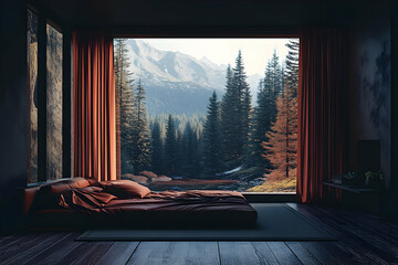 3D Illustration Cozy Bedroom Forest View Mountain Landscape Home Decor Interior Design