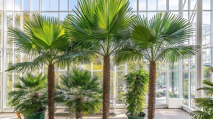 Fototapeta premium Palm trees thrive in sunlit conservatory