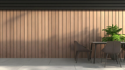 3D Illustration Modern Patio Dining Area Wood Wall, Table, Chairs, Plant