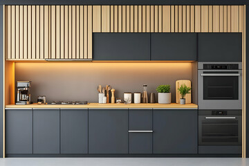Fototapeta premium 3D Illustration Modern Kitchen Interior Design, Gray Cabinets, Wood Accents