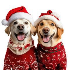 dogs dressed in Christmas hats and sweaters isolated on transparent background