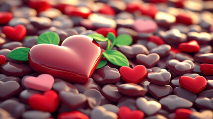 3D Illustration, Love, Heart, Green Leaves, Romance, Valentine's Day, Affection, Passion, Red Hearts, Pink Hearts