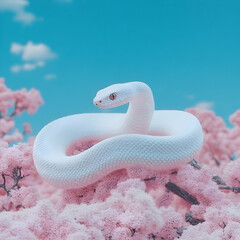 Fototapeta premium 3D Illustration White Snake Pink Blossoms Blue Sky Clouds