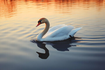 Obraz premium Photo: Serene Swan Sunset Reflection Tranquility