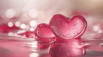 Fototapeta premium Two Pink Glass Hearts Floating in Water
