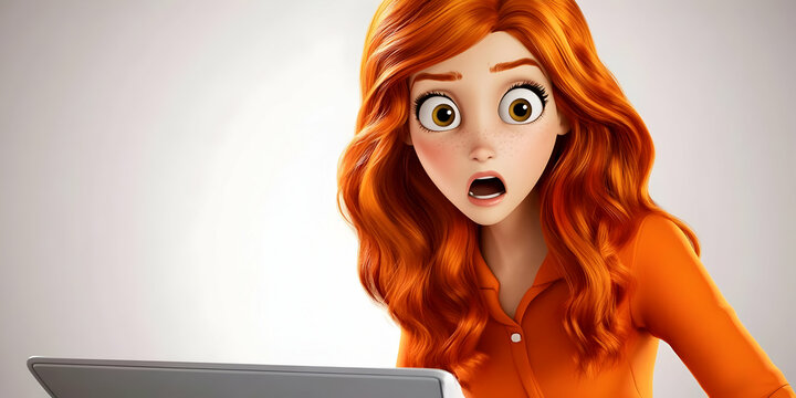 3D Illustration, Shocked Woman with Red Hair and Laptop