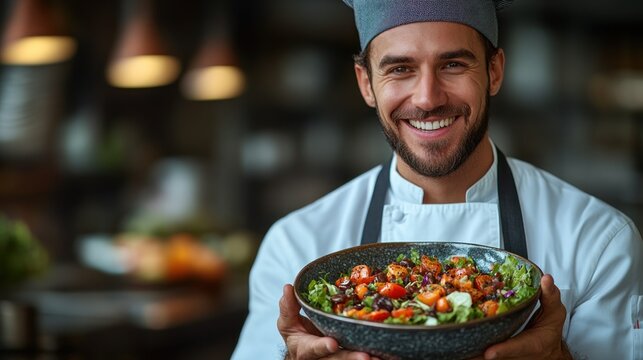 Chef presenting salad in restaurant