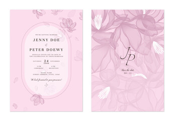 Wedding invitation and save the date template set of delicate, translucent magnolia flowers on a soft pink background. The style is modern, romantic, and understated