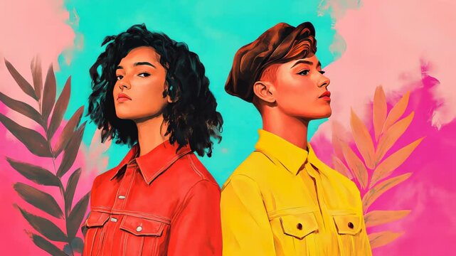 Genderqueer Expressions of Identity in Colorful Artistic Portrait Depicting Diverse Styles and Self-Expression Through Fashion and Colorful Background Elements in Modern Art Form