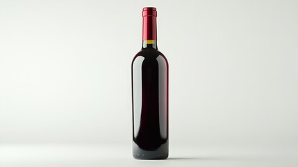 A rich, deep-red wine bottle tilts gracefully to the right, its elegant curves capturing the soft glow of ambient light from the left