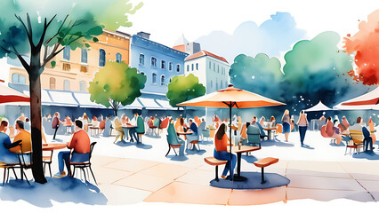 Fototapeta premium People Enjoying Outdoor Cafe in Town Square Watercolor Illustration