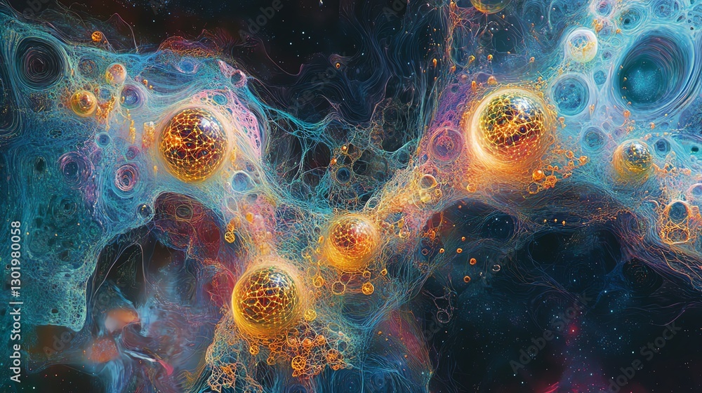 Poster colorful abstract representation of energy orbs floating in a cosmic environment with swirling color