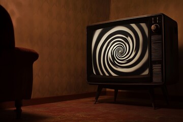 Retro television with hypnotic spiral display in dimly lit room