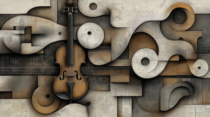 An abstract composition featuring a violin seamlessly integrated into a geometric background - Generative AI