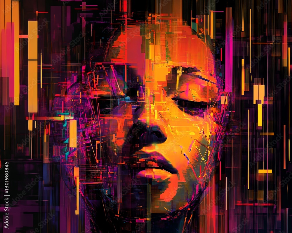 Poster colorful digital representation of a serene face surrounded by vibrant geometric patterns in abstrac