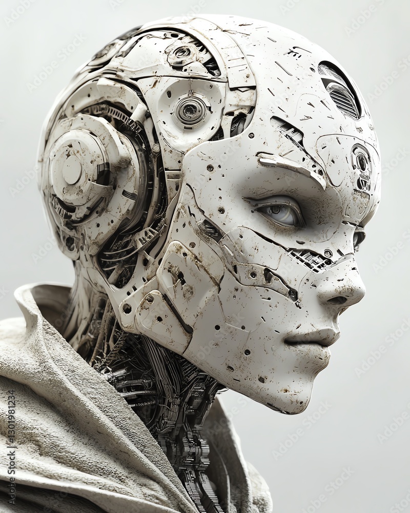 Poster innovative humanoid robot head showcasing intricate design and technology in a minimalistic setting