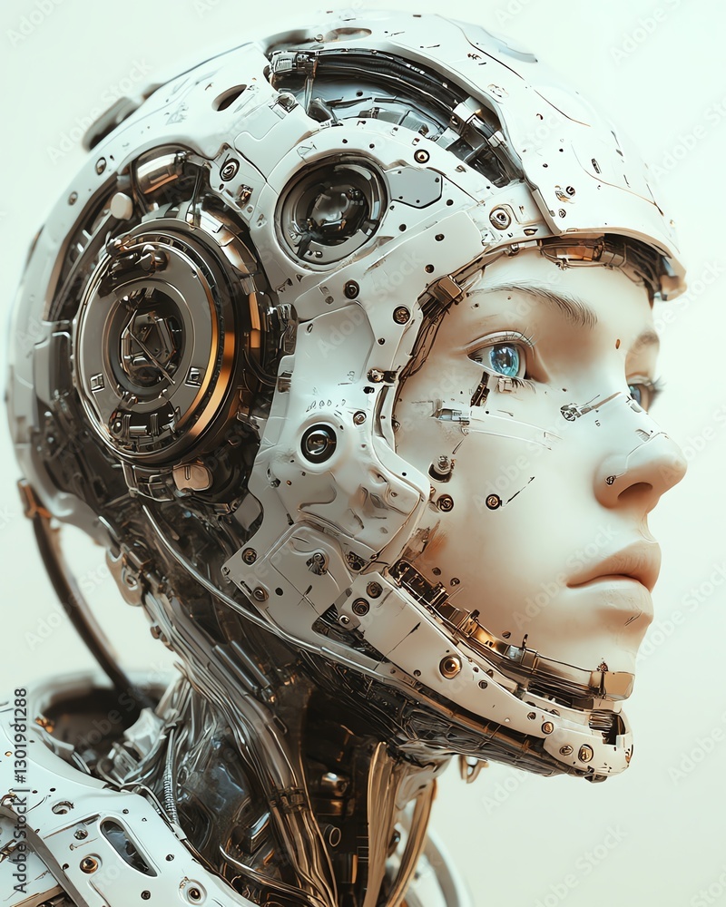 Poster futuristic humanoid robot with intricate metallic details and expressive blue eye in a minimalistic 