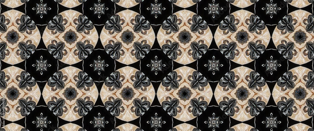 Poster a black and white patterned design with a lot of detail. the design is made up of squares and circle