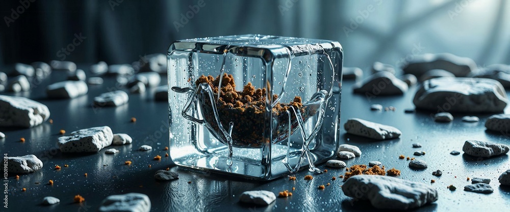 Poster a cube made of ice with a pile of brown stuff on top of it. the ice cube is surrounded by rocks and 