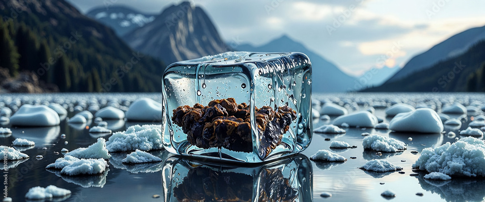 Poster a cube made of ice with a pile of brown stuff on top of it. the ice cube is surrounded by rocks and 