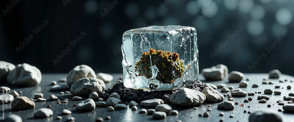 Poster a cube made of ice with a pile of brown stuff on top of it. the ice cube is surrounded by rocks and 